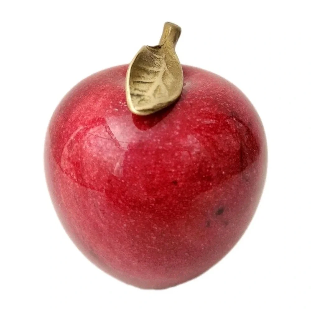 Vtg MCM Paperweight Polished Red Alabaster Marble Stone Apple With Brass Leaf